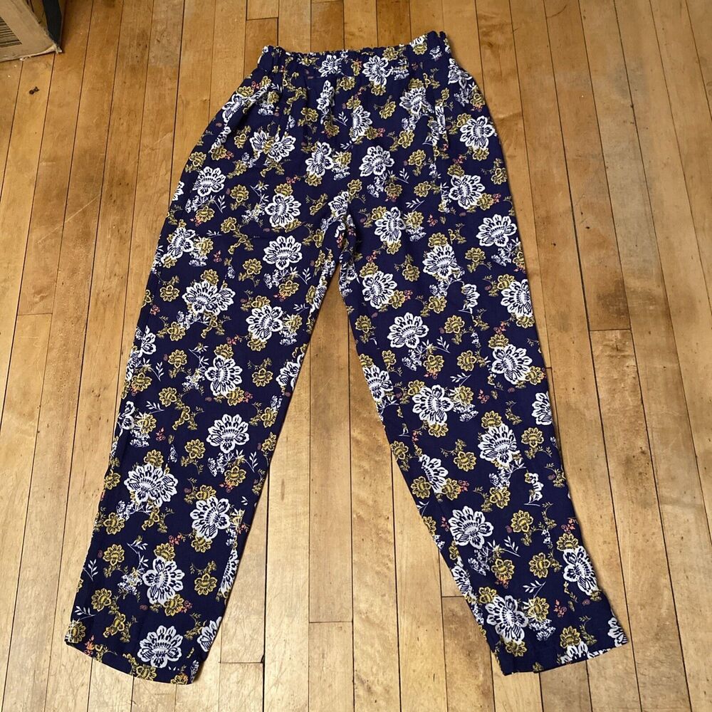 Bobeau Pants Women’s Size Medium Floral Blue Stretch Pockets Pull On